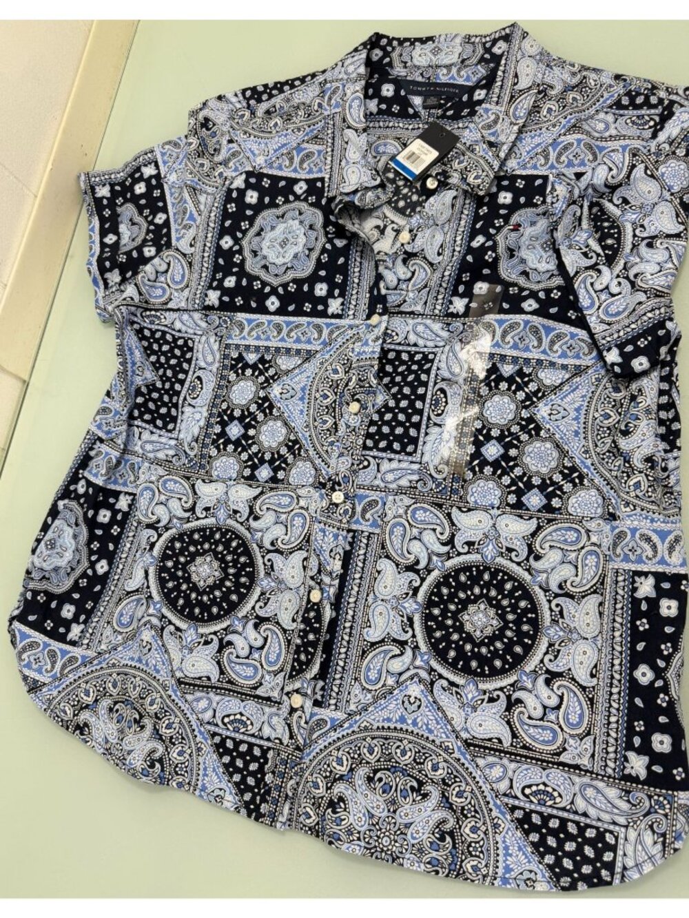 New Tommy Hilfiger Women's Patchwork Camp Shirt XL Paisley Blouse Button Up NWT